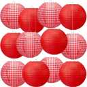 Honoson 12 Pcs Red Gingham Paper Lanterns Picnic Party Decoration 10 Inch Checkered Plaid Round Hanging Chinese Lanterns for Pizza Birthday Picnic BBQ Wedding Baby Showers Decoration