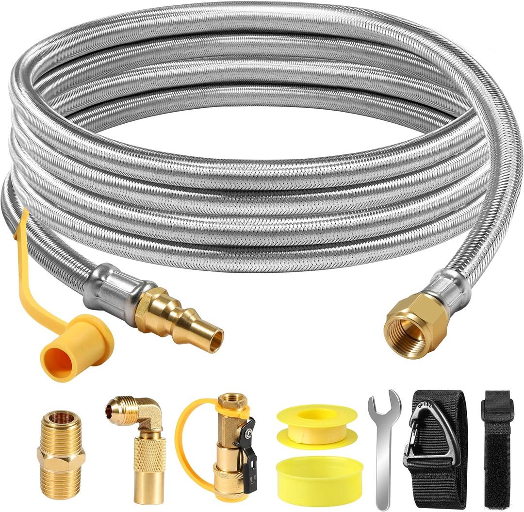 12FT Propane Quick Connect Hose for RV to Gas Grill, RV Quick Connect Propane Hose with 1/4" Safety Shutoff Valve, Quick Disconnect Propane Hose with Elbow Adapter for Blackstone 17"/22" Griddle