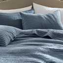 WDCOZY 100% Cotton Queen Size Quilt Set - Blue Striped Pick Stitch Soft Lightweight Bedspread, Textured Like Linen, Farmhouse Country Rustic Coverlet, Shabby Chic Gauze Bedding, 3 Pieces, Full/Queen