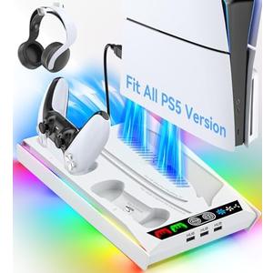 Rysker PS5/Slim/Pro Cooling Station with Quiet Cooling Fan and Fast Controller Charger for Disc & Digital Console, PS5 Accessories Incl. 3 USB Ports, Screw and Headset