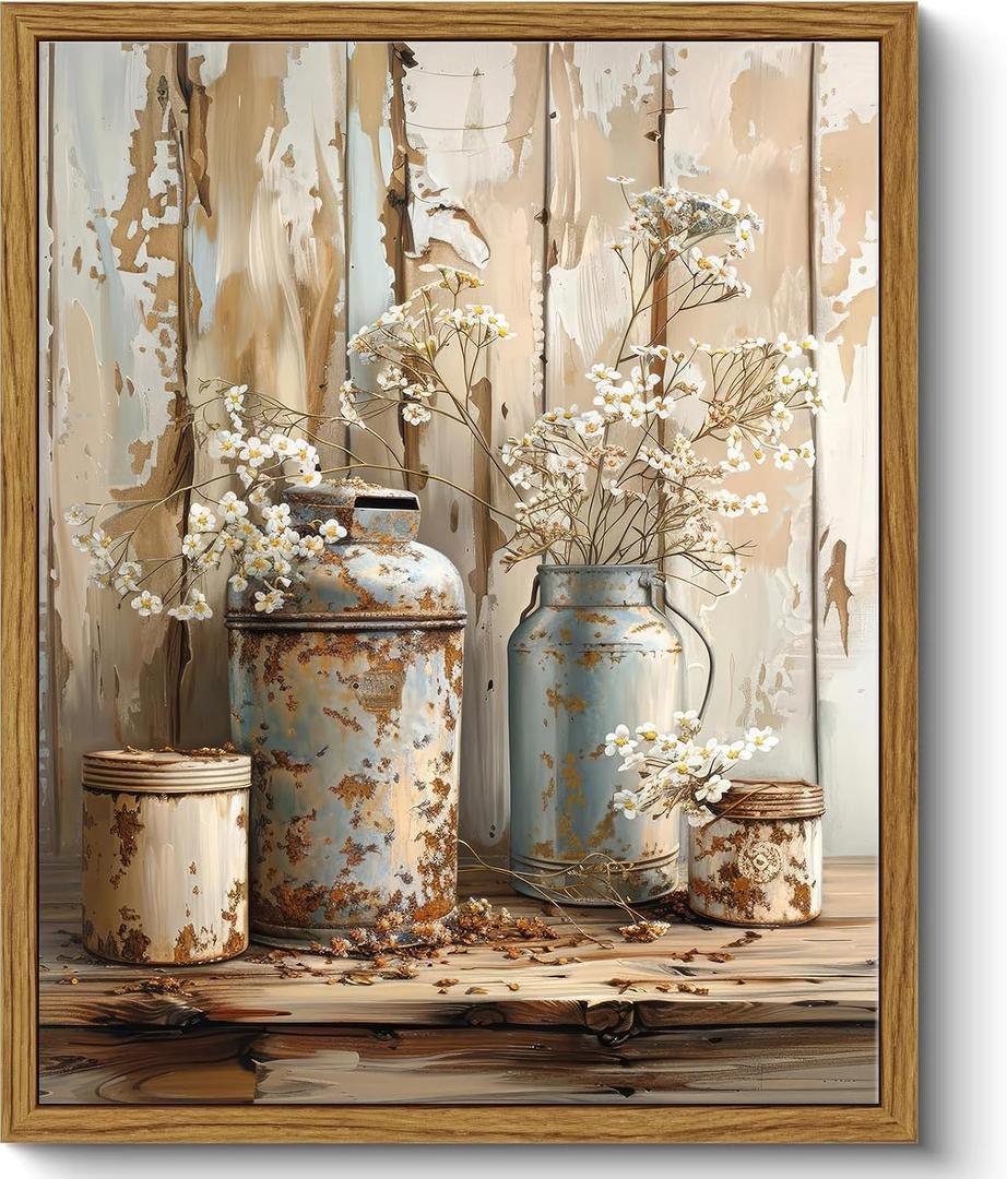Qenundme Framed Rustic Farmhouse Floral Canvas Wall Art Florals in Rusty Cans Print Posters Vintage Country Flower Still Life Pictures Paintings Prints for Bathroom Bedroom Living room Decor 16X24in, 24L" x 16W"