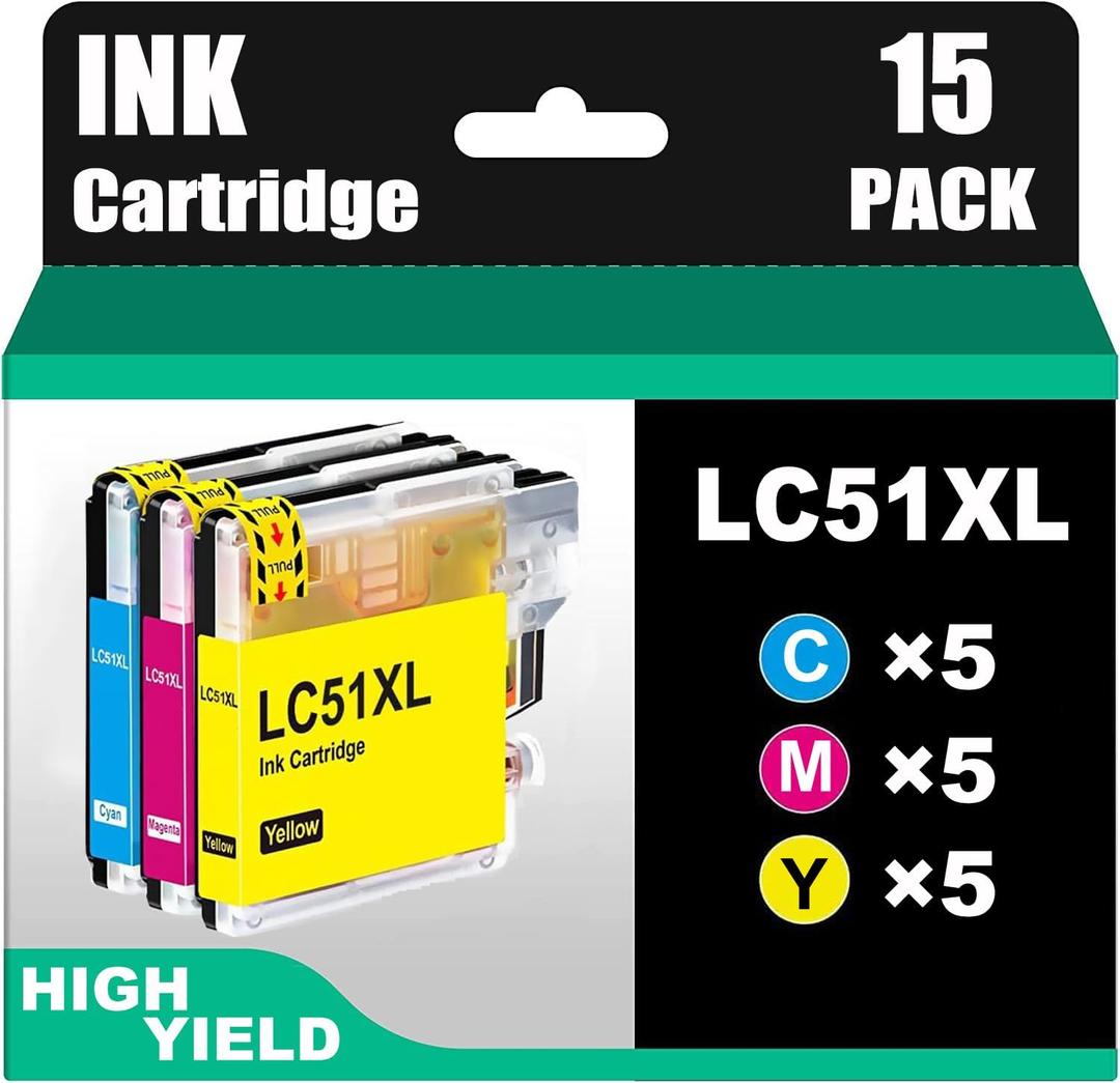 Compatible Ink Cartridge Replacement for Brother LC51 LC-51 LC51C LC51M LC51Y LC51cl Color Work with MFC-845CW 885CW 240C 3360C 440CN 465CN 665CW 685CW(5 Cyan, 5 Magenta, 5 Yellow, 15-Pack)
