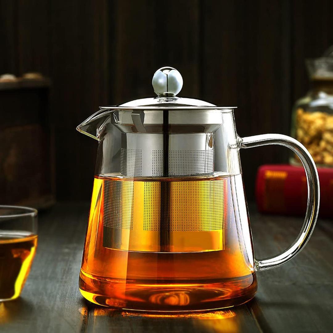 Glass Teapot with Removable Stainless Steel Infuser, Borosilicate Glass Tea Pot with Strainer, for Blooming Tea & Loose Leaf Tea, Microwave & Stovetop Safe (33OZ) (950ML)