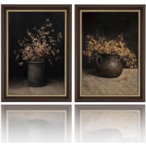 Framed Vintage Floral Wall Art, Rustic Dark Moody Flower Paintings Wall Decor, Cottagecore Botanical Vase Wall Decor, Retro Farmhouse Botanical Pictures Aesthetic Home Decor for Living Room Bedroom(D, 16x24in, Framed)