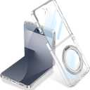 Clear Magnetic Case for Samsung Galaxy Z Flip 7 with Ring Holder & Built-in Screen Protector [Compatible with Wireless Charging ] Crystal Clear Plating Shockproof Cover for Z Flip 7 (Transparent)