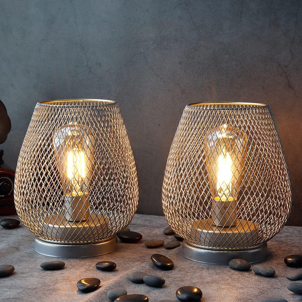 JHY DESIGN Set of 2 Metal Cage LED Lantern Battery Powered Cordless Accent Light with LED Great for Weddings Parties Patio Events for Indoors Outdoors(Silver)