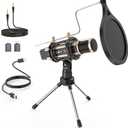 ZealSound Studio Recording Microphone, Condenser Broadcast Microphone w/Stand Built-in Sound Card Echo Recording Karaoke Singing for Phone Computer PC Garageband Smule Live Stream & YouTube (Gold)