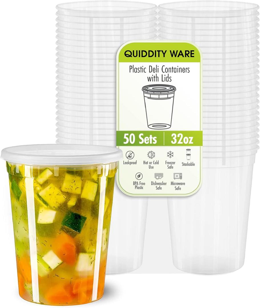 32oz-Deli Containers with Leakproof Lids-50 Pack BPA-Free Plastic Microwaveable Clear Food Storage Container Premium Heavy-Duty Quality, Freezer & Dishwasher Safe
