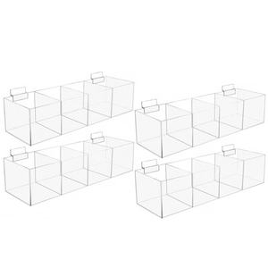 Suzile 4 Pcs 16x5x4 Inches Clear Slatwall Bins Acrylic Slatwall Bins 4 Compartments Storage Organizers with Hooks Product Storage Display Slat Wall Accessories for School Office Garage Craft
