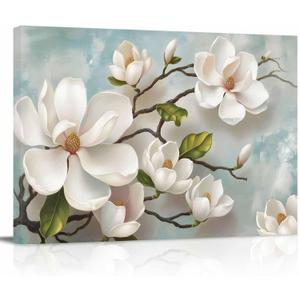 Canvas Wall Art Spring Magnolia White Flower Vintage Framed Canvas Picture Prints Wall Decor Canvas Painting Artwork Ready to Hang for Living Room Bedroom 24" x 36"
