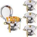 Gold 4 Pack Chafing Dishes for Buffet, 18/8 (304) Stainless Steel Food Pan with Lid, 6QT Round Chafing Dish Buffet Set Food Warmer, Food Warmers for Parties Buffet Catering Events Dinners