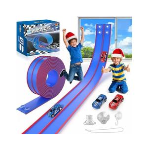 DKOXT Flexible Race Track for Kids 15 Feet of DIY Flex Track Race with 2 Cars & 3 Strong Suction Cups Car Ramp Toy Track, for Kids Ages 3+, Blue