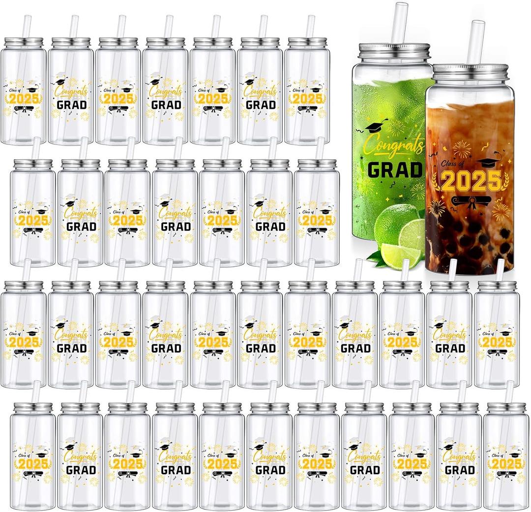 Pickmesh 36 Pcs Reusable Graduation Cups 13.5 oz Clear Plastic Tumblers with Lids and Straws Class of 2025 Party Supplies for Graduation Decorations and Congrats Grad Events(Black,Gold)
