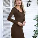 Valiamcep Women's Mini Dress V Neck Ruffle Long Sleeve Ribbed Slim Fitted Bodycon Pencil Dresses (S)