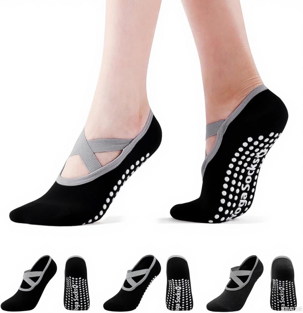 Marsoulina Yoga Socks Pilates Socks for Women 3 pairs Non-Slip Grips & Straps, Suitable For Pilates, Ballet, Dance, Plasticity, Training, gym, Home, hospital care, Foot care-All black