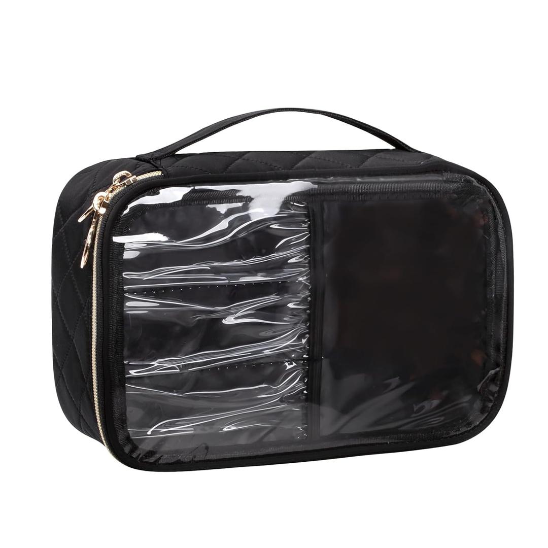 OCHEAL Clear Makeup Bag, Portable Cosmetic Organize,Travel Makeup Bag Cute Clear Pouch For Women and Girls Cosmetics Bags with Divider Makeup Brush Compartment-Large Black
