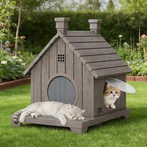 Outdoor Cat House Weatherproof, Durable Resin Cat Houses for Outdoor Indoor Cats, Litter Box Enclosure with Elevated Base, Anti-Slip Pad, Ventilation, Grey (1 Story)
