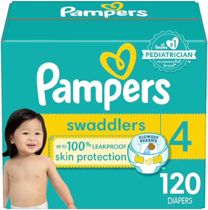 Pampers Swaddlers Diapers, Size 4 (15-34 lbs), 120 Count, Absorbent, Keeps Baby Dry and Comfortable, Skin Safe Disposable Baby Diaper 