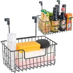Wire Hanging Storage Basket 2 Packs, Wall Mounted Kitchen Bathroom Storage Basket, Home Multi-Functional, no Punching, Bearing Strong, Suitable for Home, Office,Black