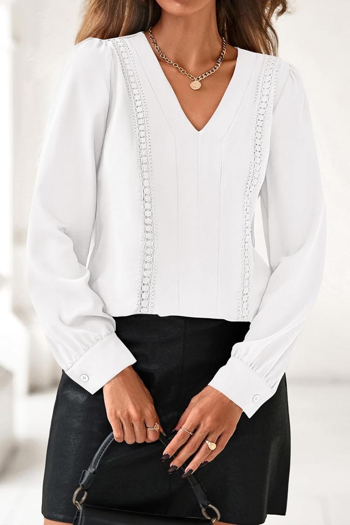dowerme Womens Tops 2026 Spring V Neck T-Shirts Long Sleeve Shirts Lace Crochet Work Blouses Dressy Casual Loose Tunics (White, M)