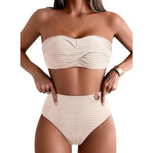 Pink Queen High Waisted Bikini Set for Women Strapless Bathing Suit Beige L