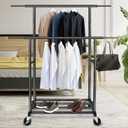 Fishat Stand Portable Black Double Rods Garment Clothes Rack with Rolling and Lockable Wheels Mobile, 48" W x 15" D x 67" H, Metal Simple Hanging Clothes with 2 Hook
