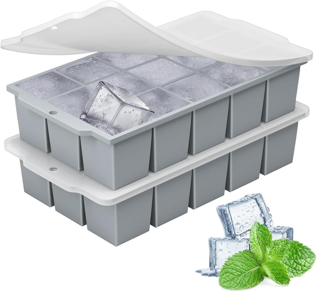 Silicone Ice Cube Tray with Locks Lids, Easy Release Flexible 15 Square Ice Trays for Freezer, Stackable & Reusable Ice Cube Mold for Whiskey, Cocktails, Baby Food, BPA Free, 1 Pack (Gray)
