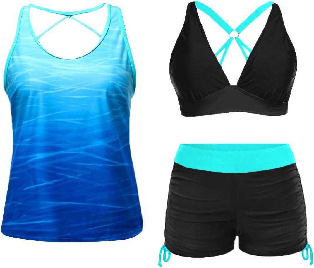 Yonique 3 Piece Tankini Swimsuits for Women Swim Tank Top Bathing Suits with Boy Shorts and Bra Athletic Swimwear (X-Large, Blue Gradient)
