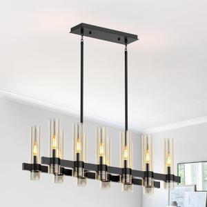 12-Light Modern Farmhouse Black Chandeliers for Dining Room,40"Large Linear Pendant Light Fixtures,Adjustable Height Hanging Kitchen Island Chandelier Over Table,Clear Glass Shade Light Fixture