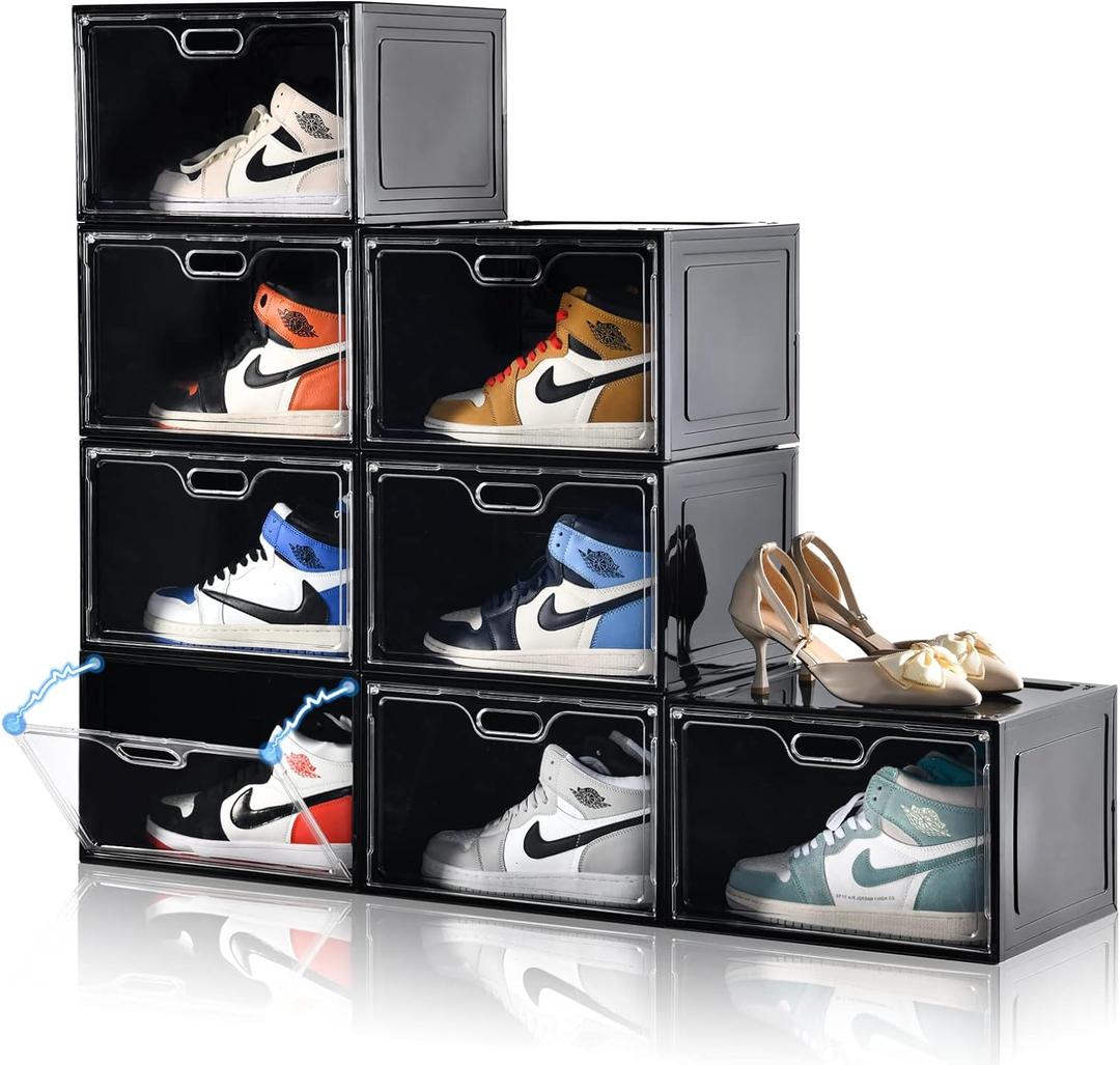 8 Pack Shoe Boxes Black Plastic Stackable, Large Shoe Storage Organizer,Drop Side Front Shoe Containers for Entryway,Sneaker Storage Fit up to US Size 13 for Men/Women(13x 10.6x 8.3)