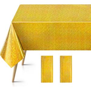 2 Pcs Gold Holographic Foil Tablecloths - 54x108 Durable Table Cover with a Magical Shimmer, Simplistic Luxury for Parties, Weddings, and Showers, Add a Sparkling Touch to Your Special Events