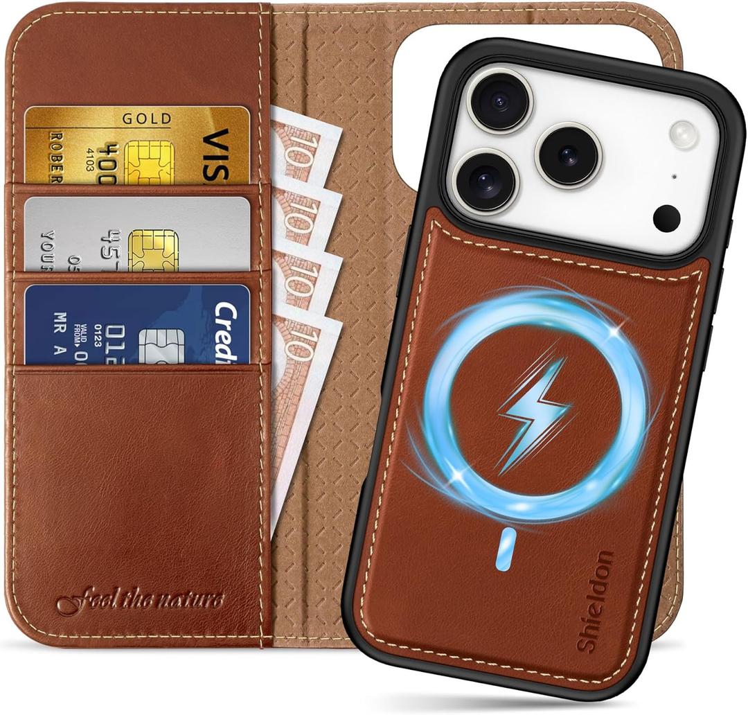 SHIELDON Detachable Genuine Leather Case Wallet for iPhone 17 Pro 6.3" 2025 | 2-in-1 Design, Wireless Charging, Magnetic, RFID Blocking Credit Card Holder, Kickstand, Flip Cover - Retro Brown