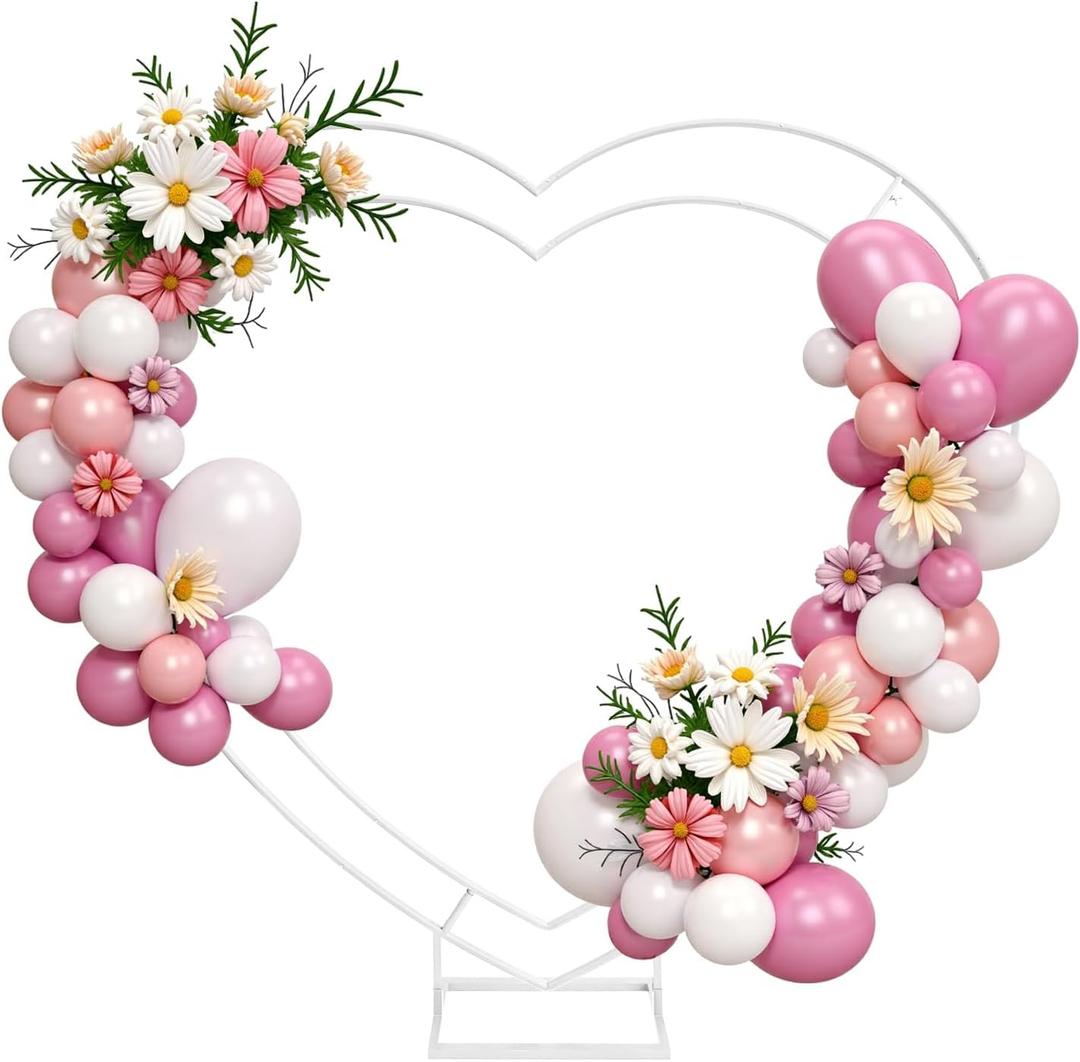 Double Heart Shape Wedding Metal Arch Backdrop White Flower Balloon Arbors Stand for Ceremony Birthday Party, Graduation Decorations and Baby Shower, 6.6 feet x 6.6 feet