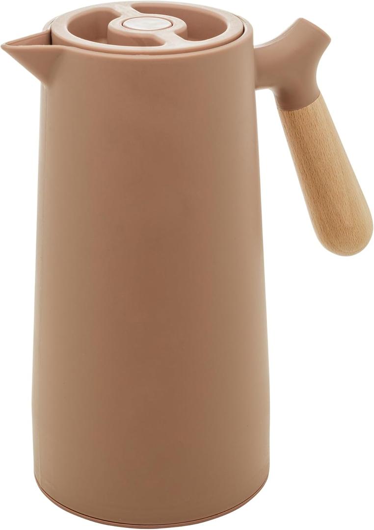 WOLFF - Thermal Coffee Carafe  34oz/1L Insulated Food-Safe Plastic Exterior and Glass Liner, Wood-Style Handle  Keeps Drinks Hot or Cold for Hours, Coffee and Tea Dispenser - Nude Pink, 34floz/1L