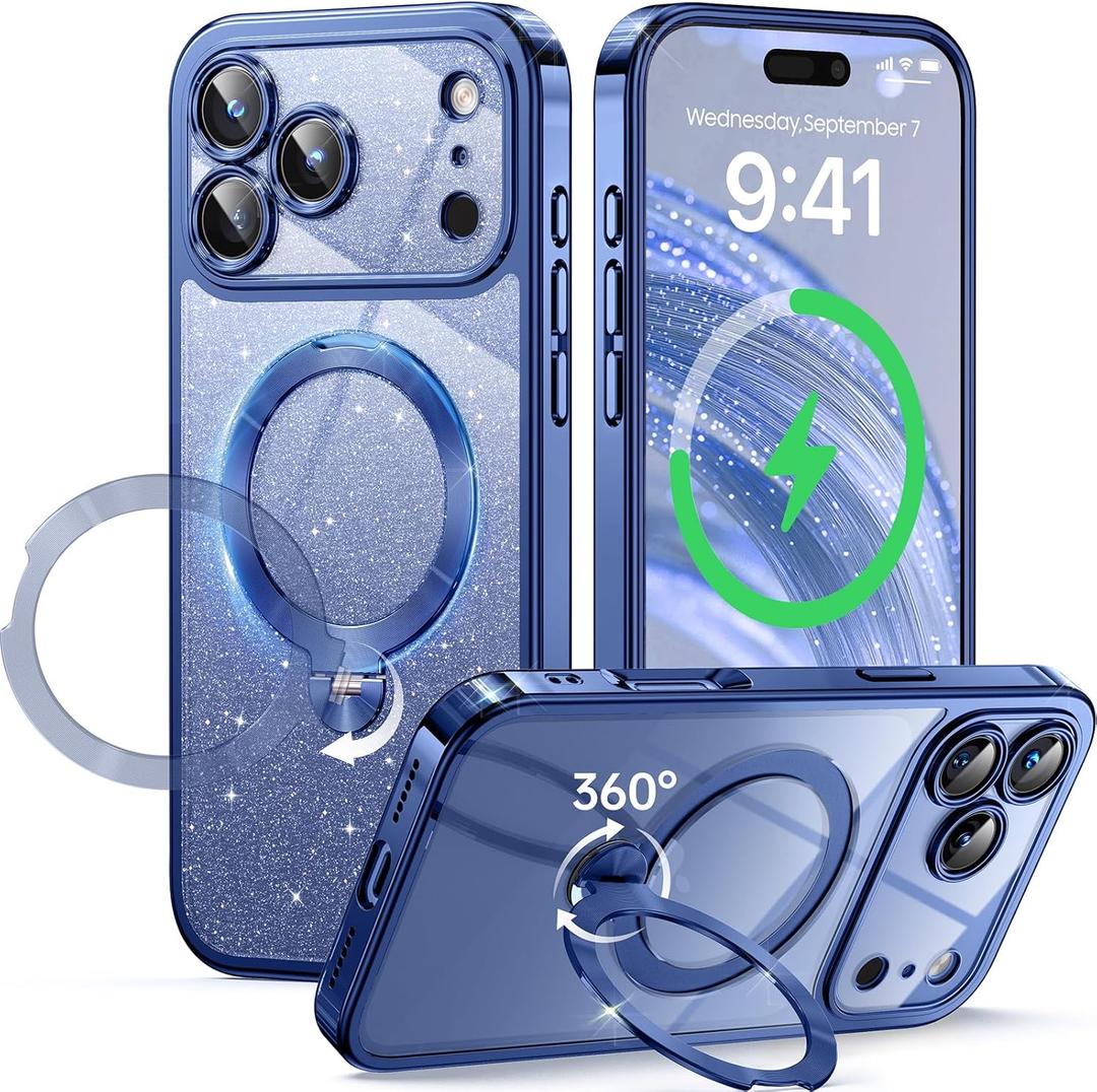 360° Spin CD Stand for iPhone 17 Case Compatible with Magsafe Ring [Never Yellow][DIY Glitter Cardstock] Camera Protection Plating Clear Cute Phone Case for Women Girls 6.3'', Mist Blue