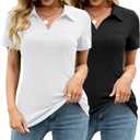 AKEWEI Womens V Neck Polo Shirts Short Sleeve Collared Tops Loose Casual Tunic Blouses with Pocket (Small, Y- Black+white(2 Pack))