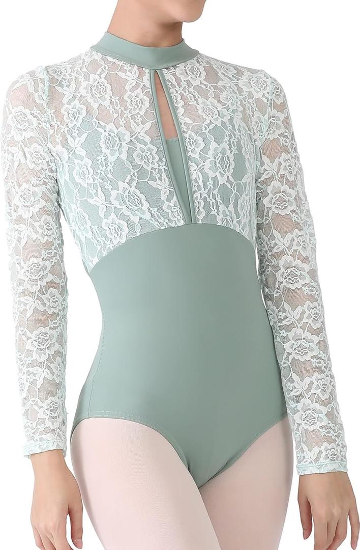 Dance Elite - Femm - Floral Lace Yoke shoulder and sleeve Dance leotard. Leotards for Women Ballet and Dance (Medium, Sage Green)