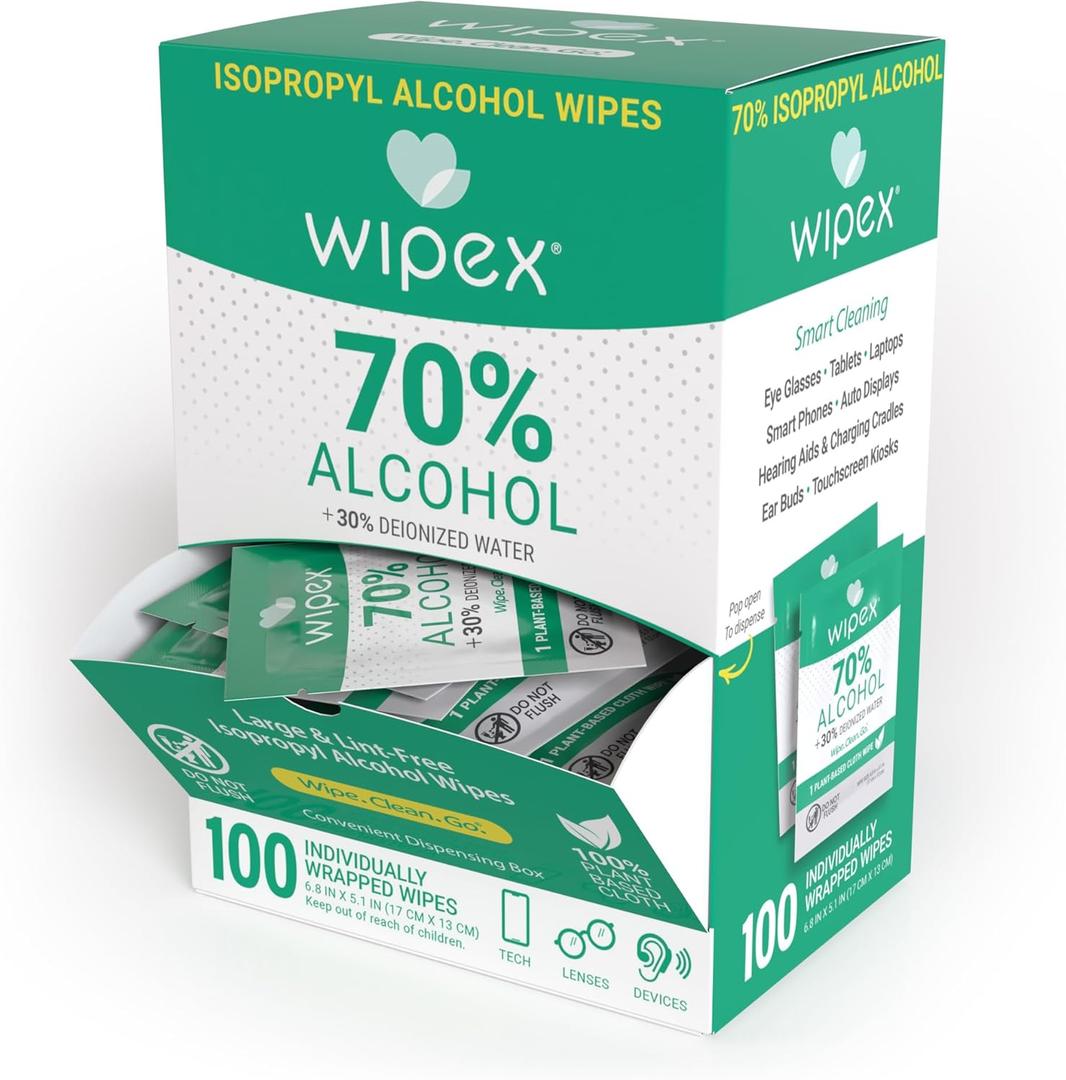 Wipex 70% Isopropyl Alcohol Wipes - Individually Wrapped Sachets, Electronic & Tech Wipes in Dispensing Box, 100 Count (Pack of 1)