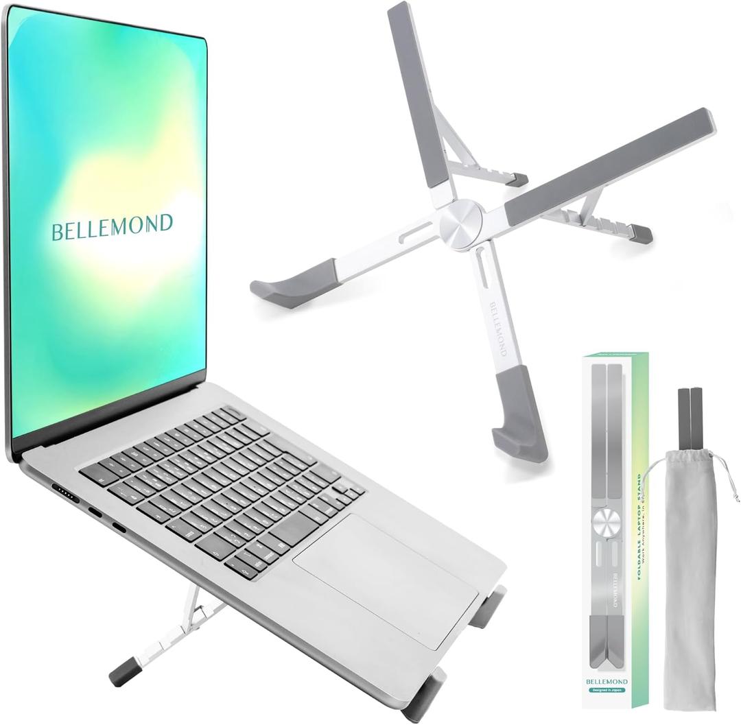 BELLEMOND Adjustable Laptop Stand | Foldable Aluminum Riser | X-Frame Ergonomic Japanese Design | Fits MacBook Pro/Air, Dell, HP, Lenovo & 1017.3 Laptops | Portable & Lightweight | Space Silver