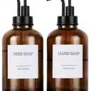 Glass Soap Dispenser with Pump, Dish and Hand Soap Dispenser for Kitchen Bathroom Set, Clear Glass Dispenser Set of 2 Pack with 18 Stickers Funnel Bamboo Tray 500ml 18oz Amber