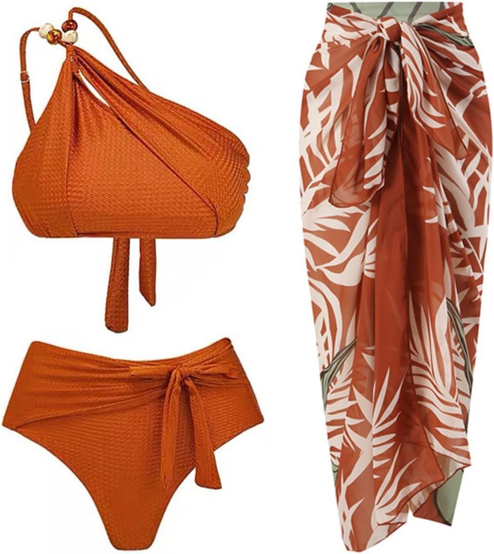 Women One-Piece Swimsuit with Cover up Wrap Skirt Sarong Bathing Suit Beach Outfit Summer (Small, Brown Orange Y305)