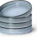 E-far Pasta Bowls Set of 4, 35oz Large Salad Bowl Plate for Dinner Serving Soup, Wide & Shallow Ceramic Stoneware Pasta Plates, Microwave & Dishwasher Safe, Reactive Glaze Textured Stripes, Dusty Blue