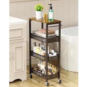 Utility Slim Storage Cart, 4-Tier Narrow Bathroom Organizer and Storage Cart, Metal Narrow Kitchen Laundry Room Organization Rack with Wood Top, Slim Rolling Shelf with Wheels for Small Space (9.1 inch wide, Black)