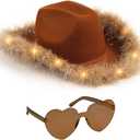 Funcredible Purple Light Up Cowboy Hat and Glasses - Cowgirl Hat for Girls - Cowboy Hat with Feathers - Cowgirl Accessories (Brown)