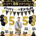 27pcs 55th Birthday Decorations for Men,Black Gold 55th Party Decorations,Happy 55th Birthday Banner Honeycomb Hanging Swirls Cake Topper and Balloons Kit Party Supplies