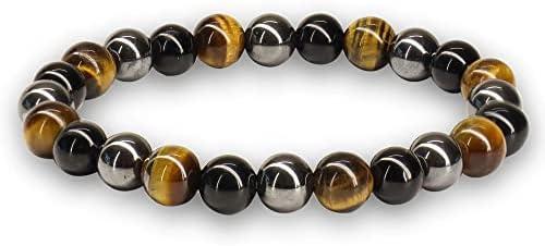 Crystal Vibe Triple Protection Bracelet - 8mm Beaded Bracelet for Women Men - Natural Stones of Tiger Eye, Hematite, Black Obsidian - Healing Crystal Bracelet for Anxiety Relief - Adjustable Size