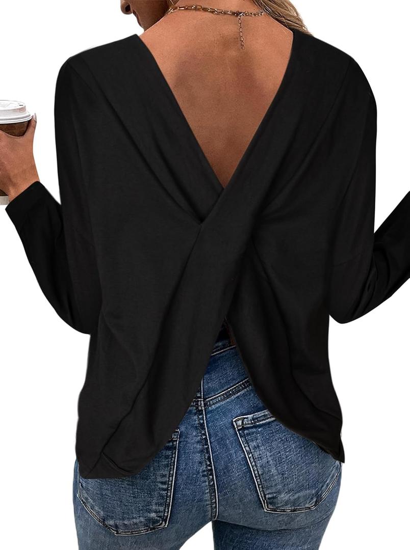 LilyCoco Women's Criss Cross Back Long Sleeve T Shirt Crewneck Open Back Tee Shirt Black X-Large (Black)