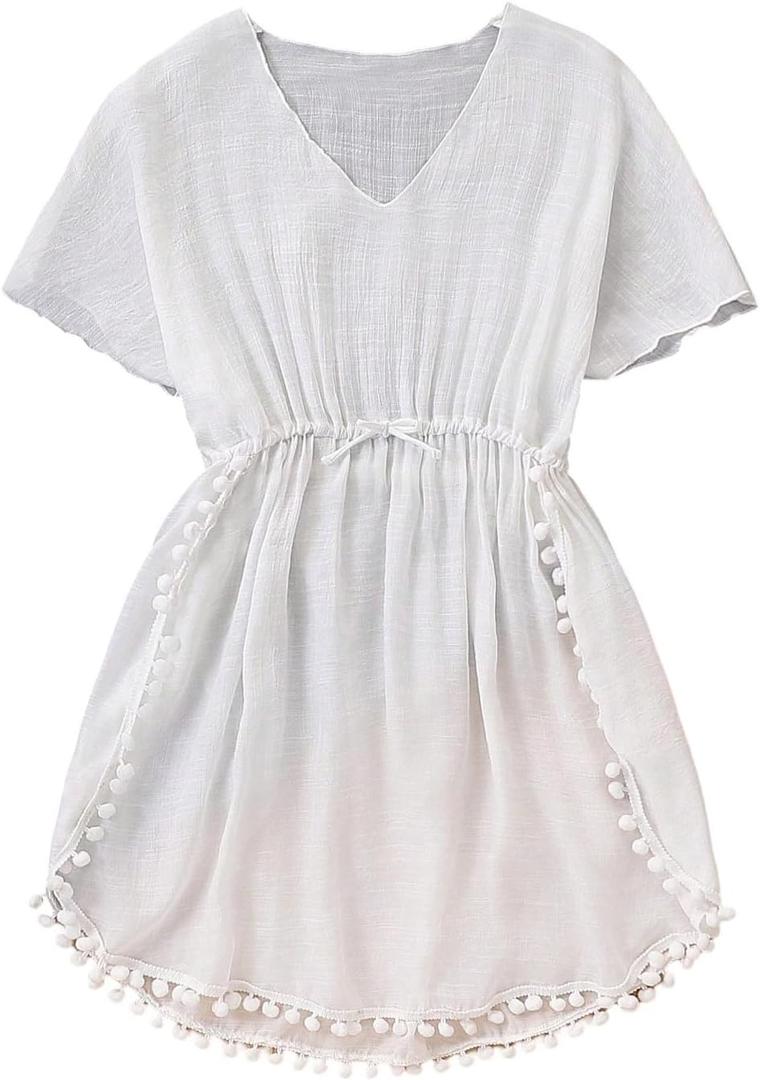 SHENHE Girl's Swimsuit Coverups Chiffon Short Sleeve Beach Dress Bathing Suit Cover Up White 13Y