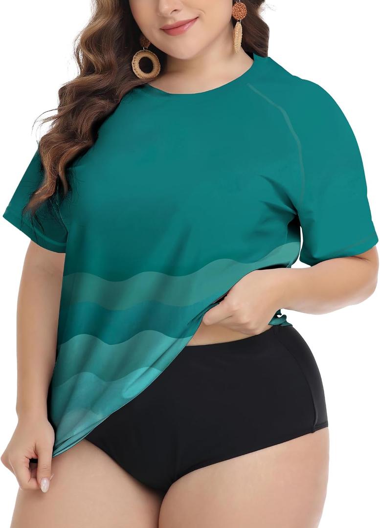 FOREYOND Plus Size Rash Guard Shirts for Women Short Sleeve UPF 50+ Sun Protection Swimwear Swim Suits Top (Blue) 4XL