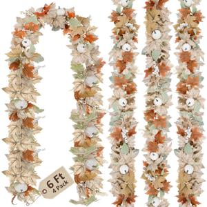 Neutral Fall Garland for Mantle Fireplace - 4 Pack Total 24 Ft Outdoor Autumn Leaves Decor for Home Front Door with Pumpkins Indoor Maple for Farmhouse Stairs Porch Halloween Thanksgiving Decorations
